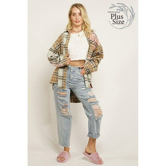 SALE! GeeGee Clothing Pink Plaid Button Up Shirt Jacket Shacket Plus SJ2260PL - Picture 2 of 7